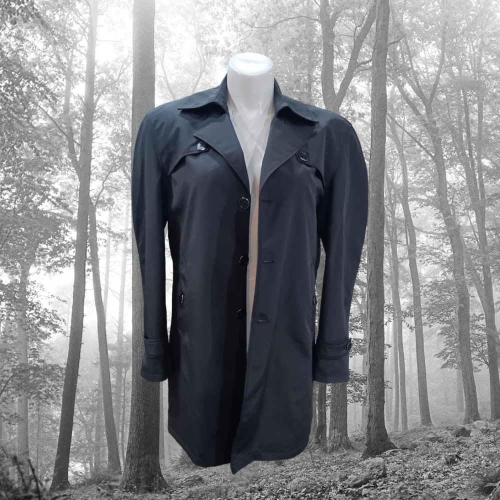Black Windbreaker Trench Jacket Classic Raincoat Traditional Dress Sport Coat - Picture 9 of 9
